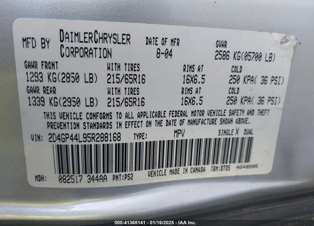 2005 DODGE GRAND CARAVAN SXT VIN: 2D4GP44L95R288168
