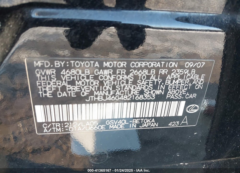 2008 LEXUS ES 350 VIN: JTHBJ46G482168353