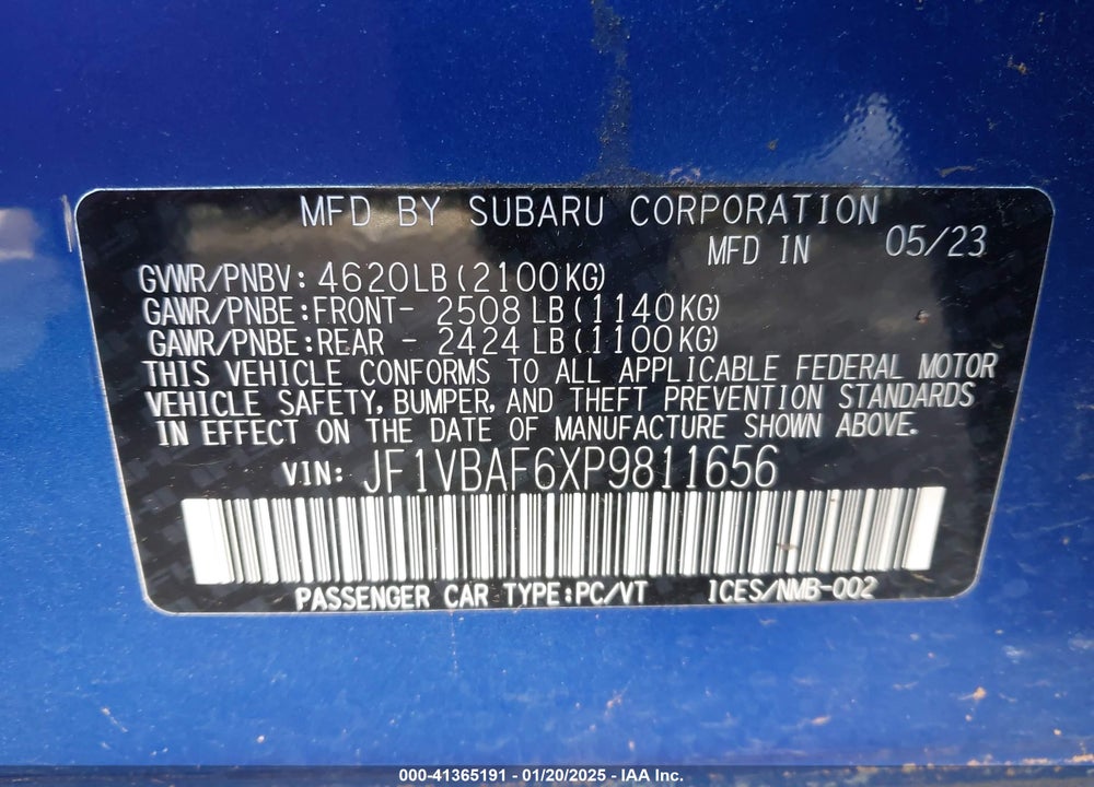 2023 SUBARU WRX PREMIUM VIN: JF1VBAF6XP9811656