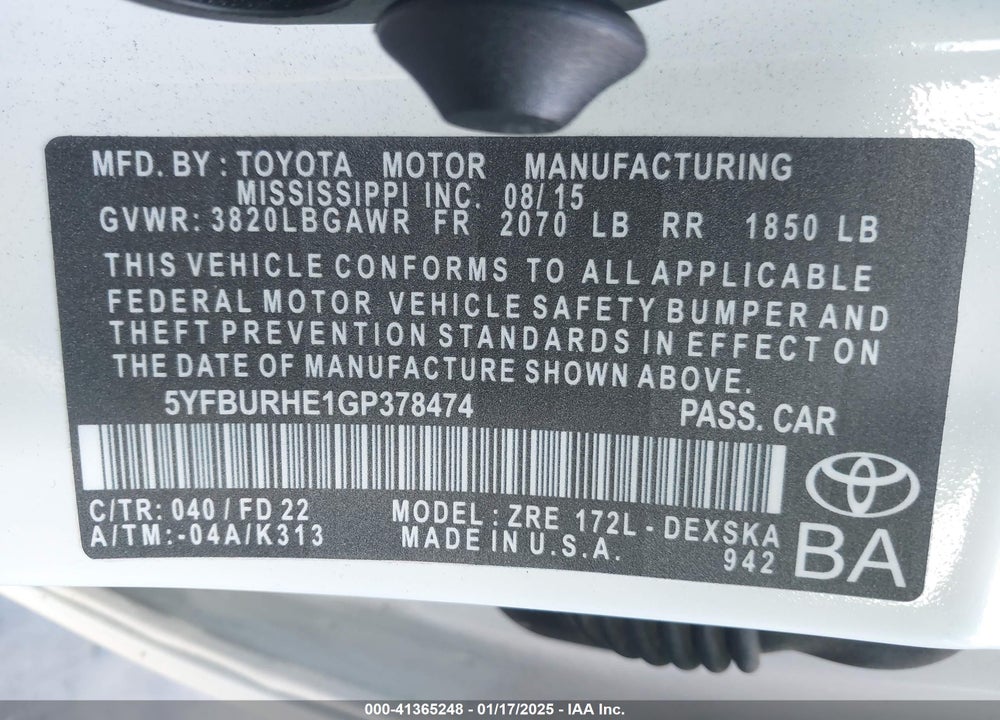 2016 TOYOTA COROLLA L/LE/LE PLS/PRM/S/S PLS VIN: 5YFBURHE1GP378474