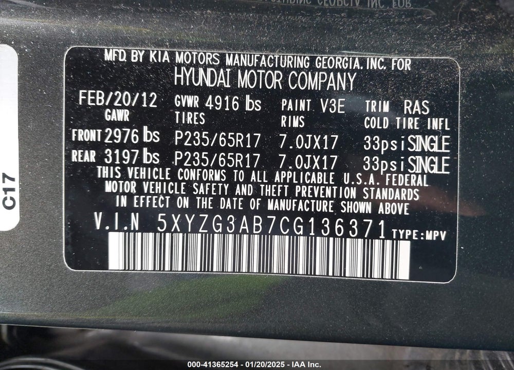 2012 HYUNDAI SANTA FE GLS VIN: 5XYZG3AB7CG136371