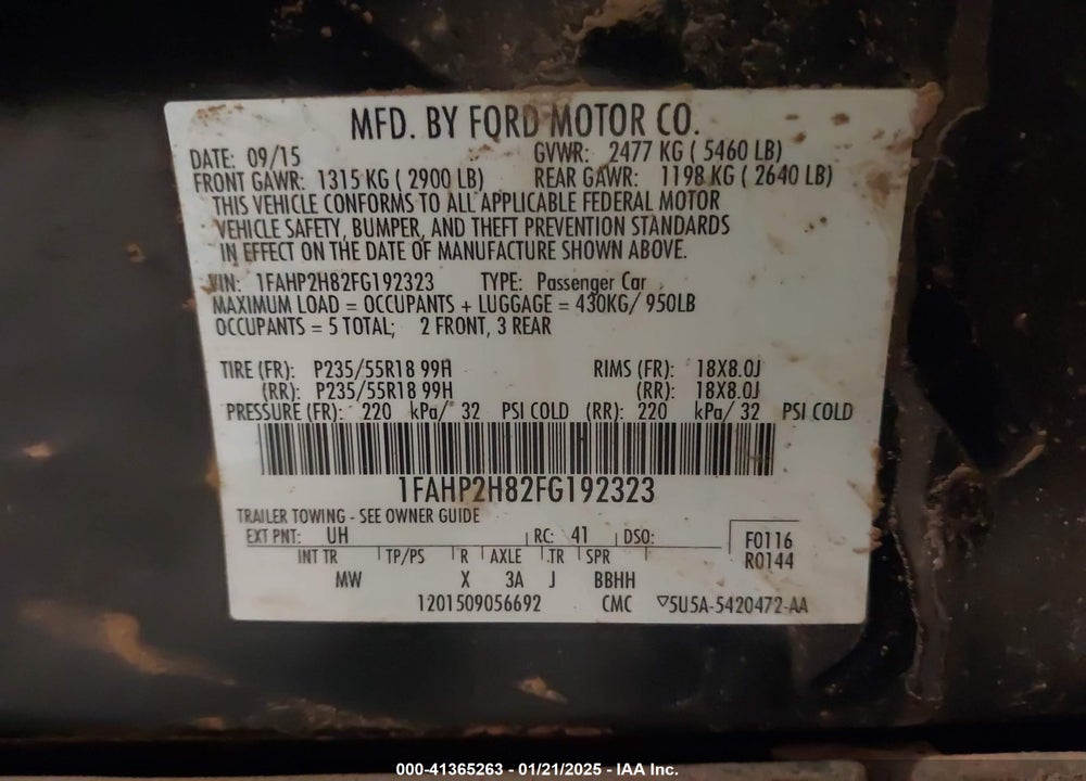 2015 FORD TAURUS SEL VIN: 1FAHP2H82FG192323