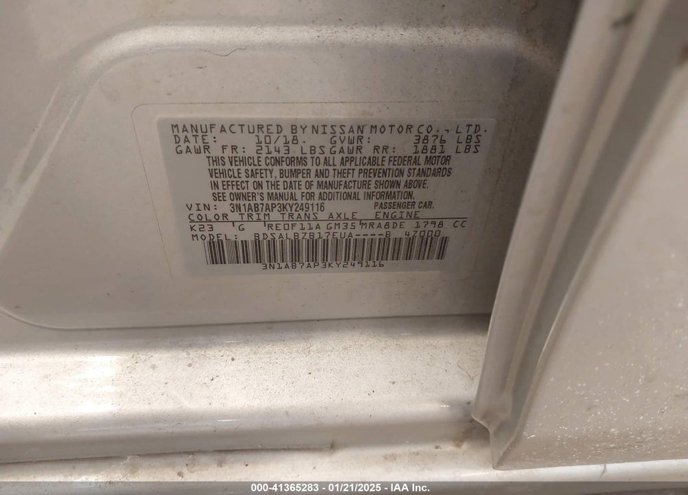2019 NISSAN SENTRA S VIN: 3N1AB7AP3KY249116