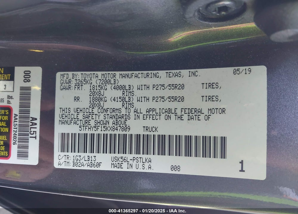2019 TOYOTA TUNDRA VIN: 5TFHY5F15KX847809