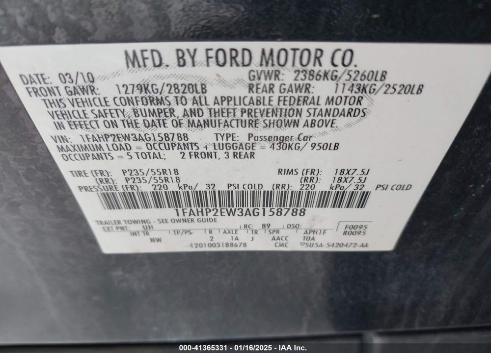 2010 FORD TAURUS SEL VIN: 1FAHP2EW3AG158788