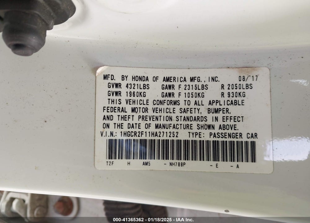2017 HONDA ACCORD SPORT SE VIN: 1HGCR2F11HA271252