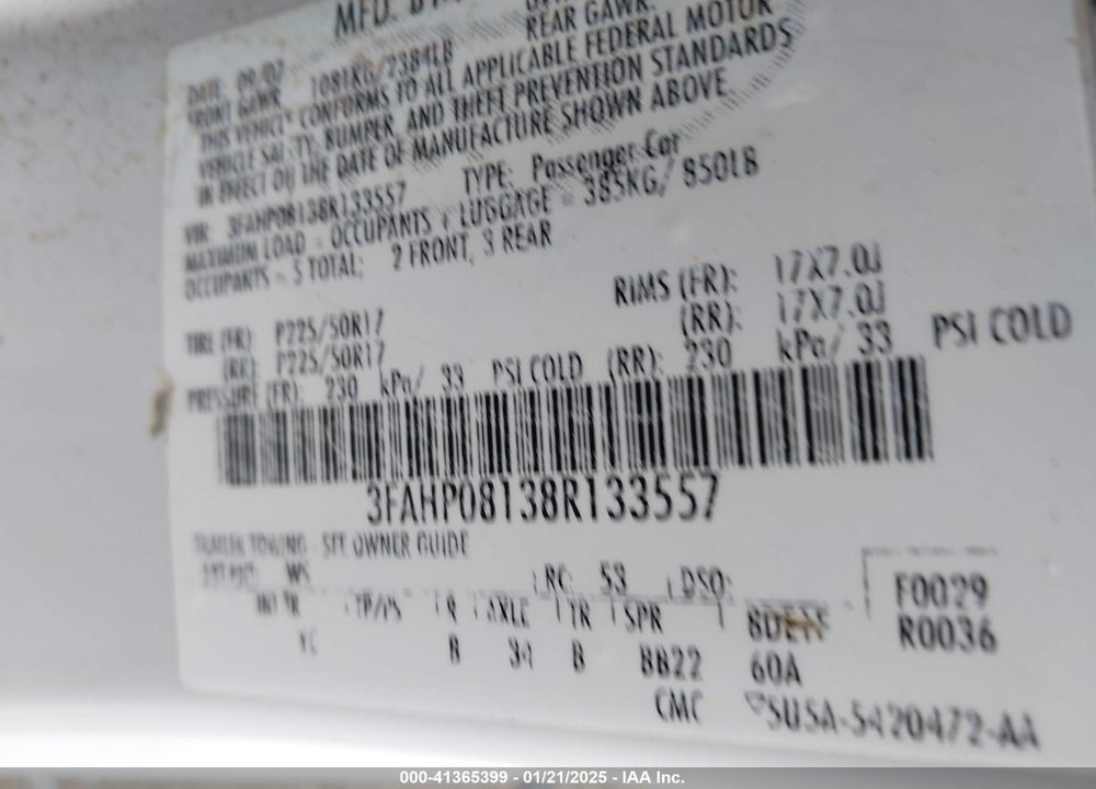 2008 FORD FUSION SEL VIN: 3FAHP08138R133557