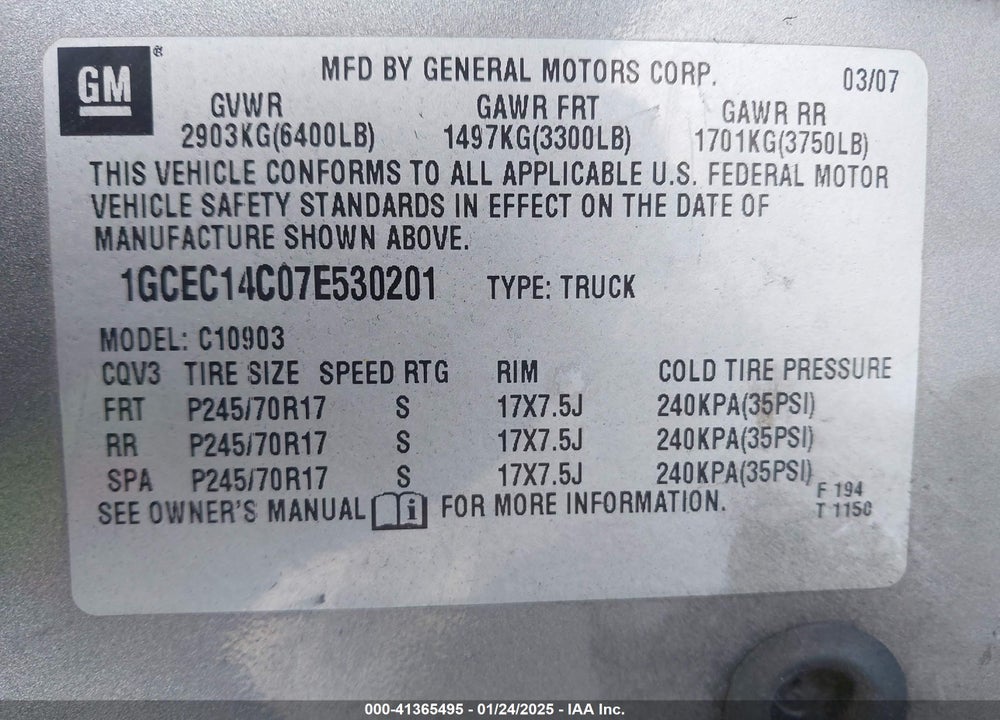 2007 CHEVROLET SILVERADO 1500 VIN: 1GCEC14C07E530201