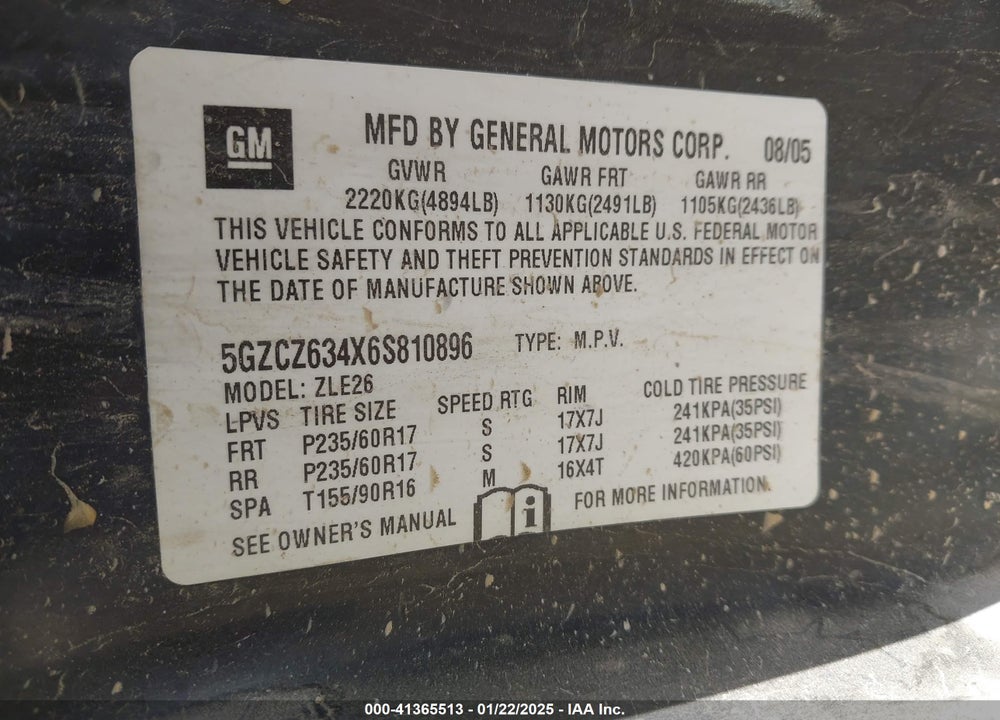 2006 SATURN VUE V6 VIN: 5GZCZ634X6S810896