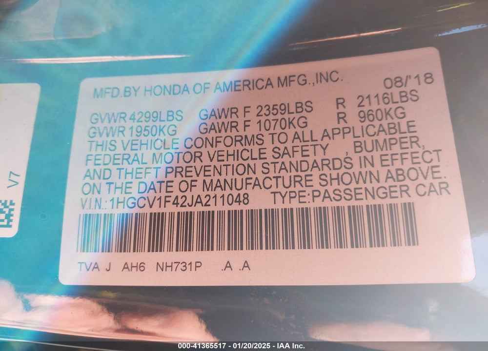 2018 HONDA ACCORD VIN: 1HGCV1F42JA211048
