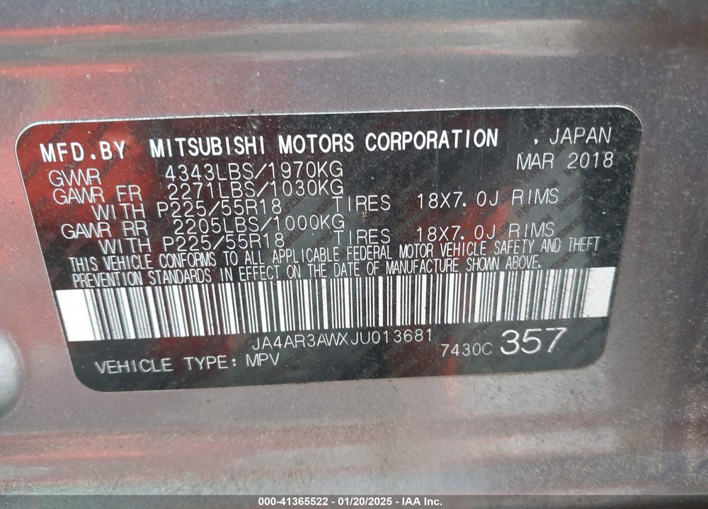2018 MITSUBISHI OUTLANDER SPORT 2.4 SE VIN: JA4AR3AWXJU013681