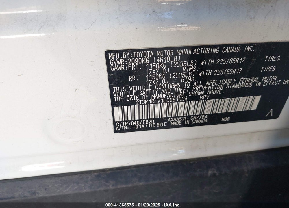 2020 TOYOTA RAV4 VIN: 2T3K1RFV1LC061534