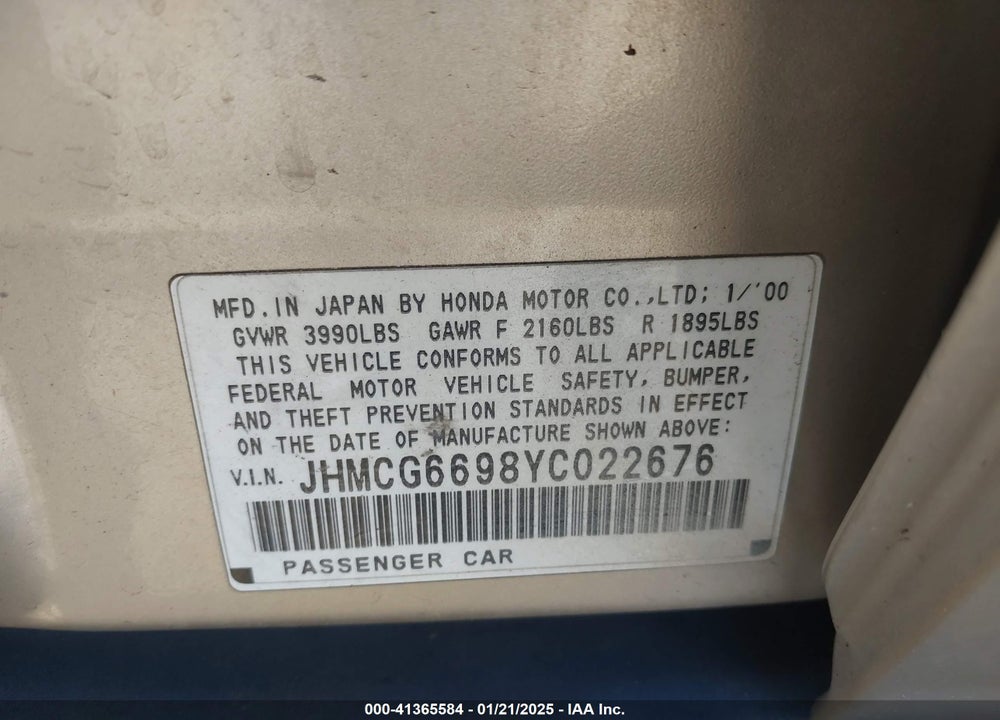 2000 HONDA ACCORD 2.3 SE VIN: JHMCG6698YC022676