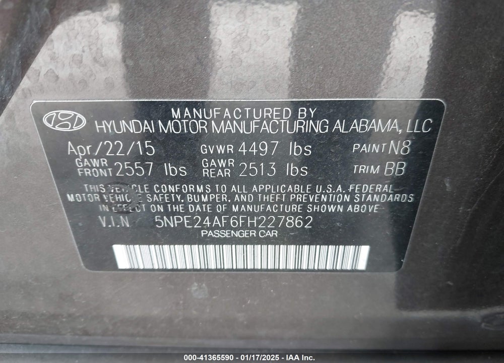 2015 HYUNDAI SONATA SE VIN: 5NPE24AF6FH227862