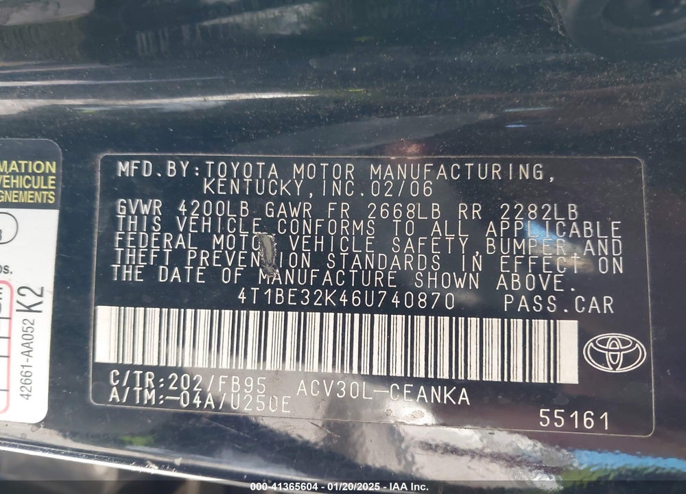 2006 TOYOTA CAMRY VIN: 4T1BE32K46U740870