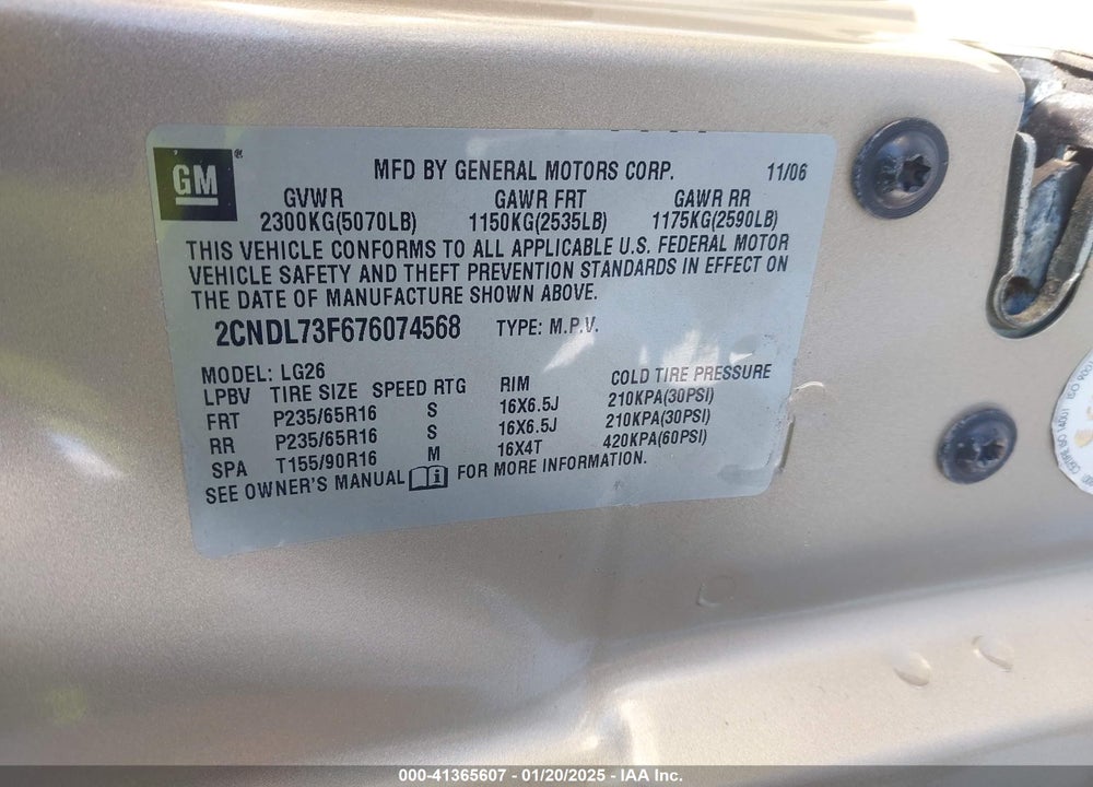 2007 CHEVROLET EQUINOX VIN: 2CNDL73F676074568