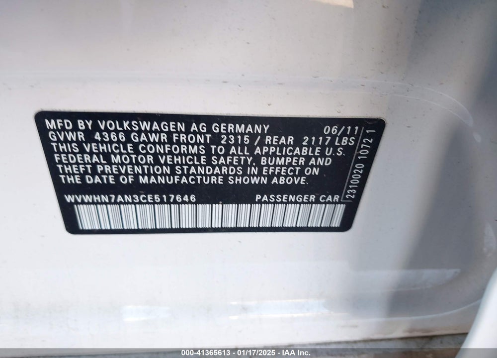 2012 VOLKSWAGEN CC LUX PLUS VIN: WVWHN7AN3CE517646