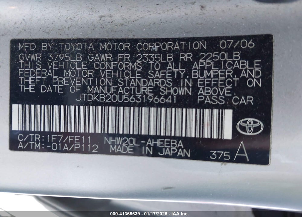 2006 TOYOTA PRIUS VIN: JTDKB20U563196641