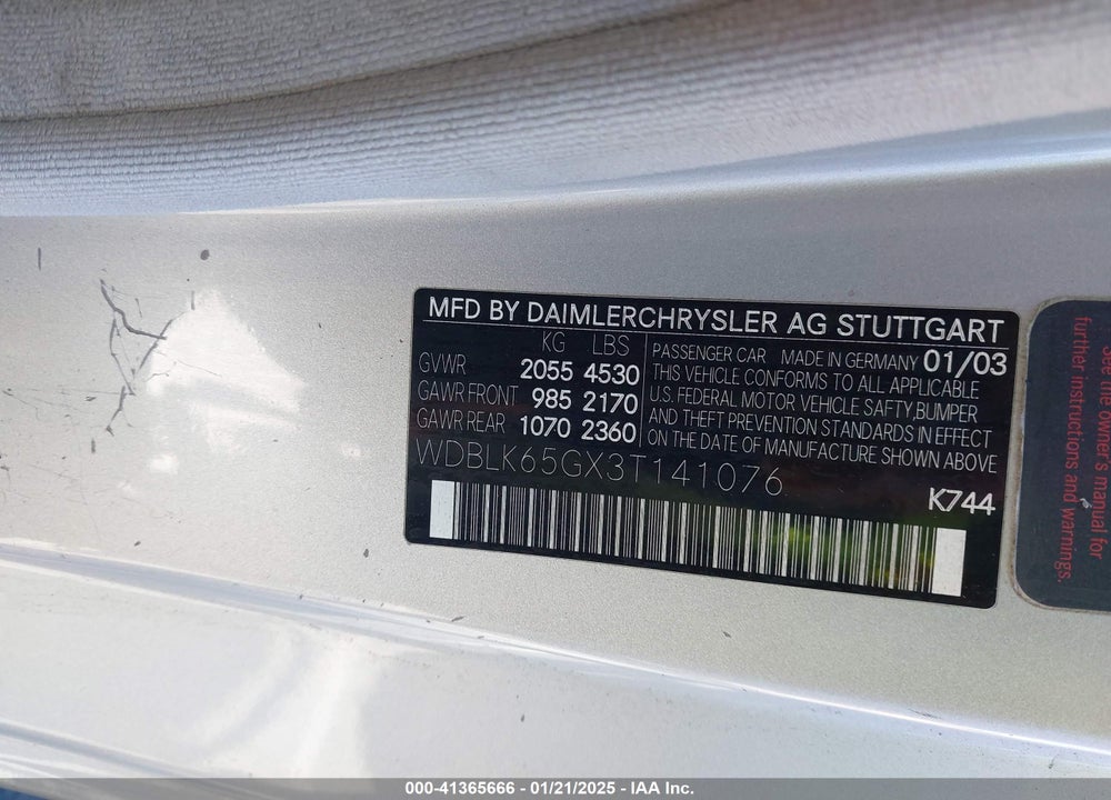 2003 MERCEDES-BENZ CLK 320 VIN: WDBLK65GX3T141076