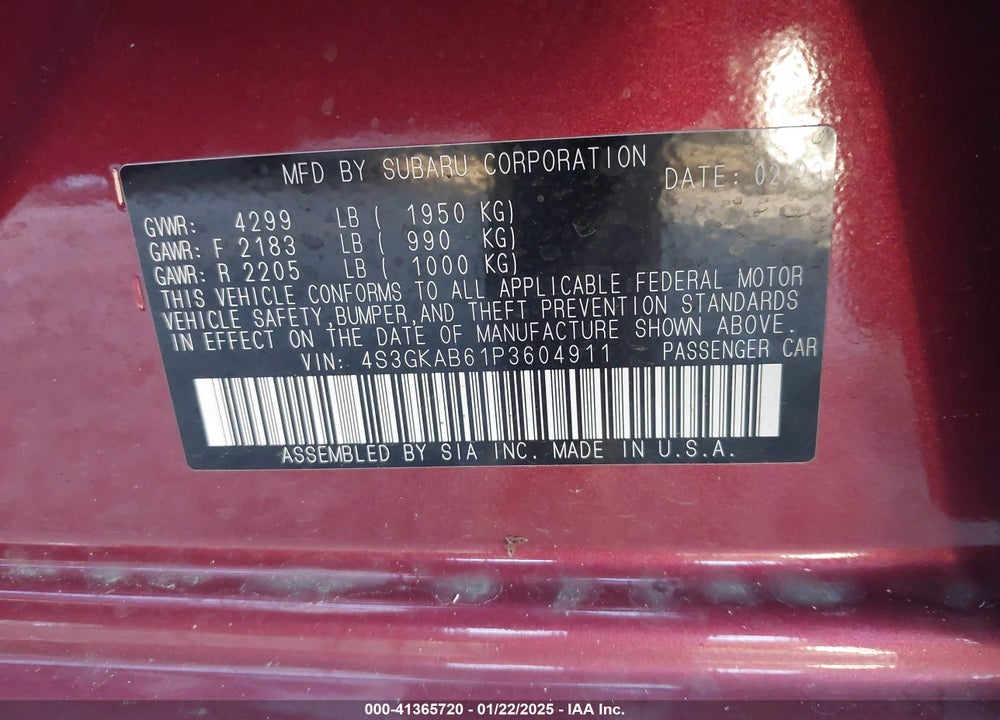 2023 SUBARU IMPREZA BASE VIN: 4S3GKAB61P3604911