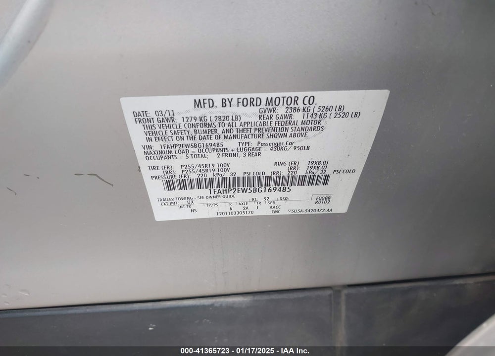 2011 FORD TAURUS SEL VIN: 1FAHP2EW5BG169485