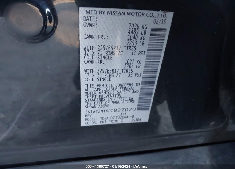 2015 NISSAN ROGUE SV VIN: 5N1AT2MTXFC827020
