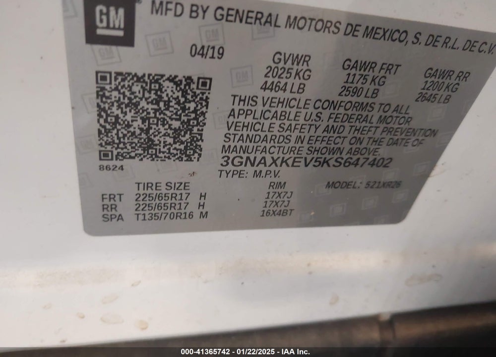 2019 CHEVROLET EQUINOX LT VIN: 3GNAXKEV5KS647402