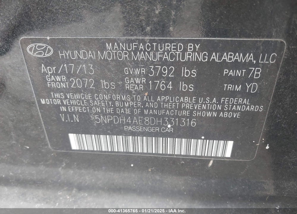 2013 HYUNDAI ELANTRA LIMITED VIN: 5NPDH4AE8DH331316