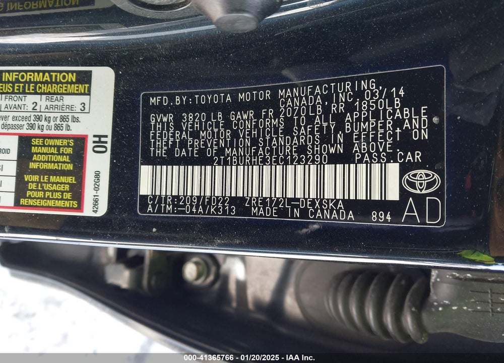 2014 TOYOTA COROLLA VIN: 2T1BURHE3EC123290