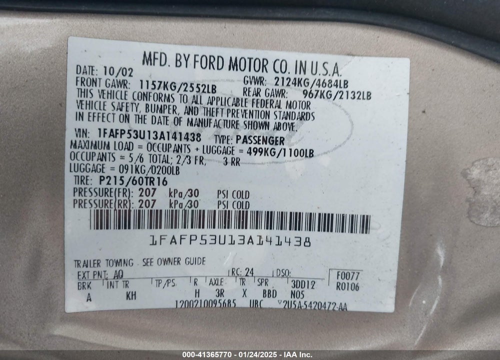 2003 FORD TAURUS SE/SE STANDARD VIN: 1FAFP53U13A141438