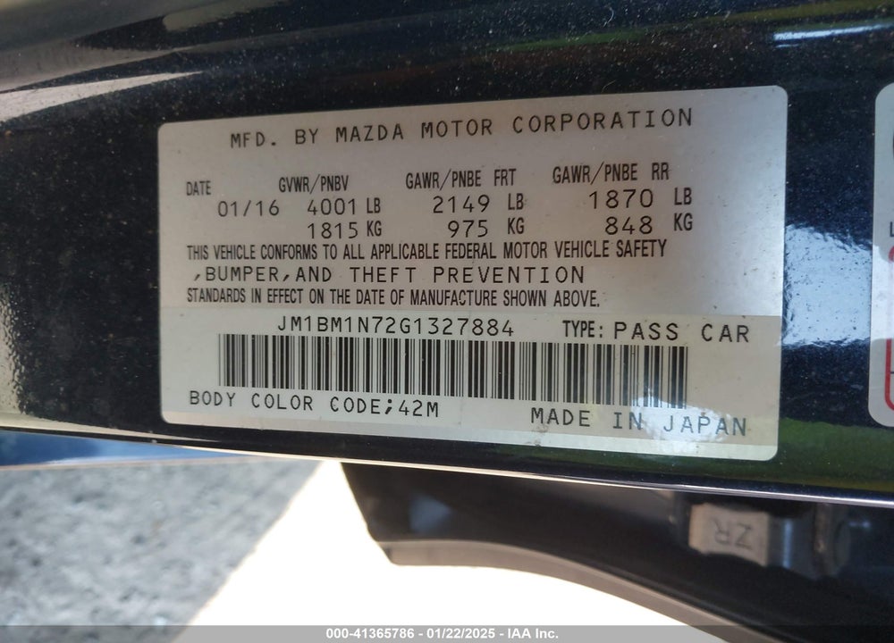 2016 MAZDA MAZDA3 VIN: JM1BM1N72G1327884