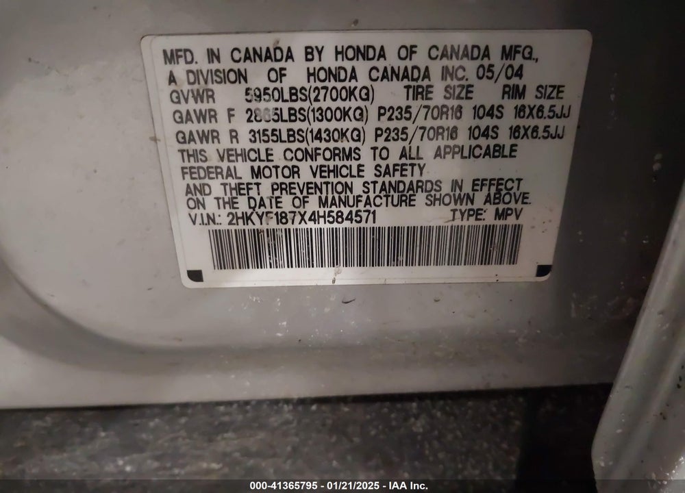 2004 HONDA PILOT EX-L VIN: 2HKYF187X4H584571