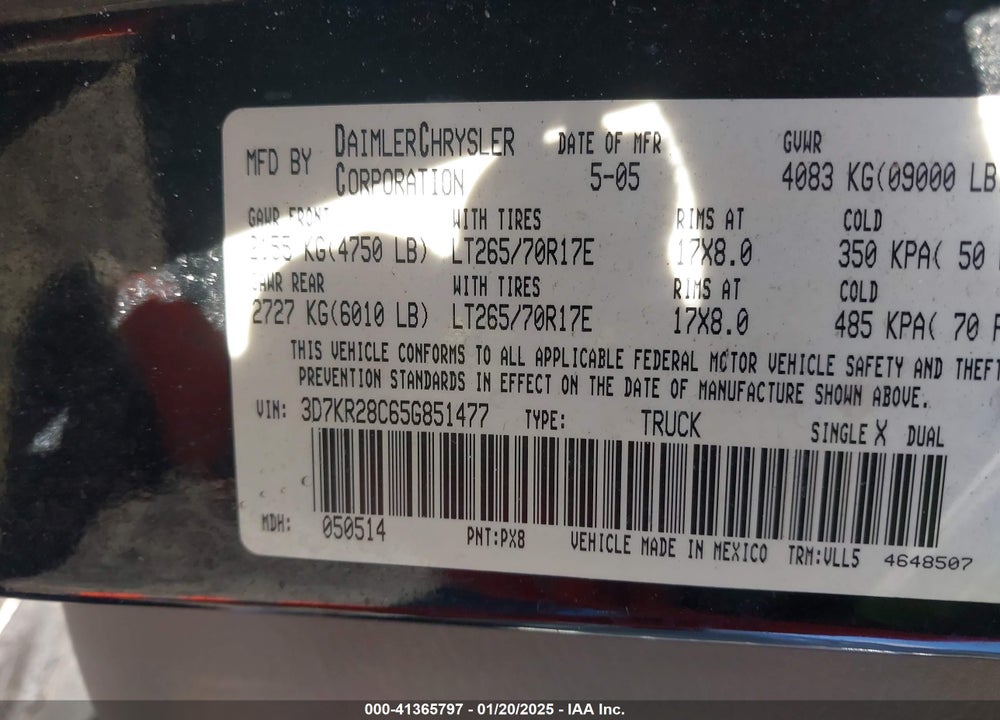 2005 DODGE RAM 2500 SLT/LARAMIE VIN: 3D7KR28C65G851477