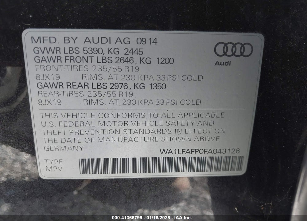 2015 AUDI Q5 2.0T PREMIUM VIN: WA1LFAFP0FA043126
