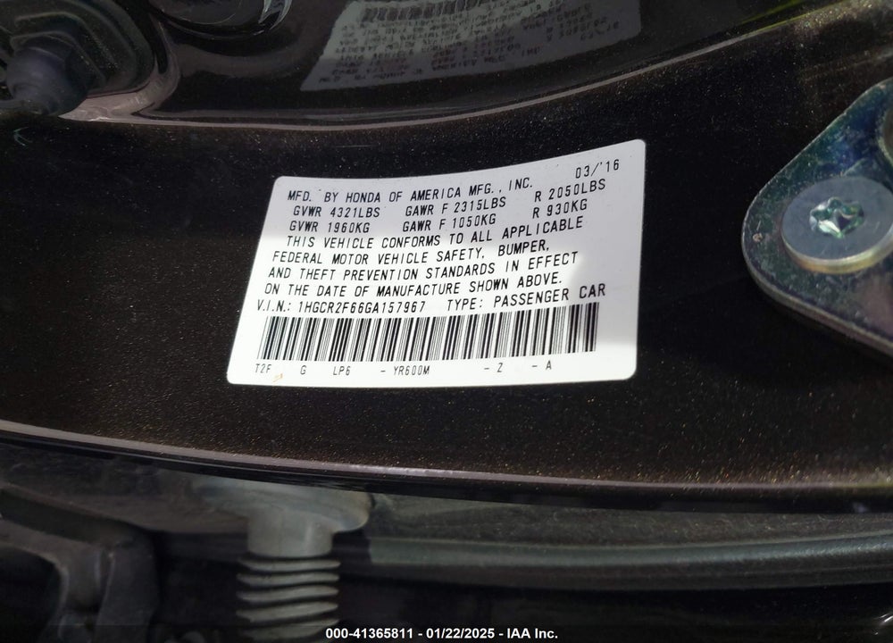 2016 HONDA ACCORD VIN: 1HGCR2F66GA157967