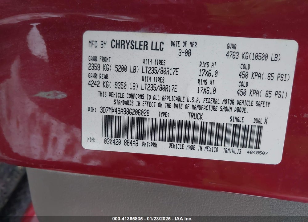 2008 DODGE RAM 3500 LARAMIE VIN: 3D7MX49A98G206026