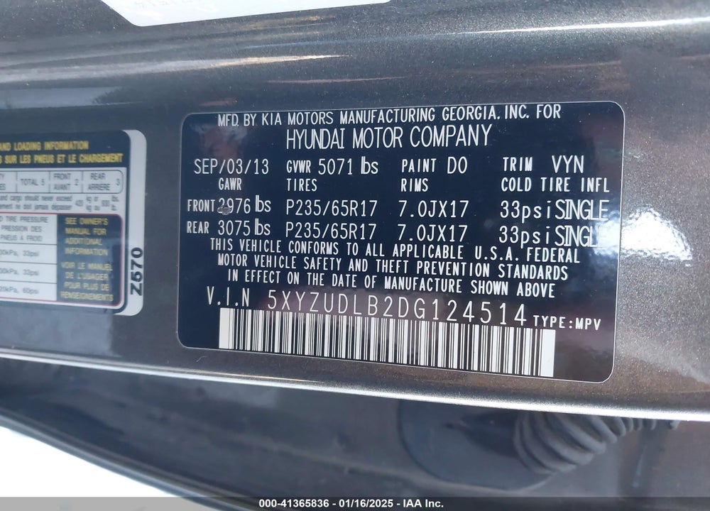 2013 HYUNDAI SANTA FE SPORT VIN: 5XYZUDLB2DG124514