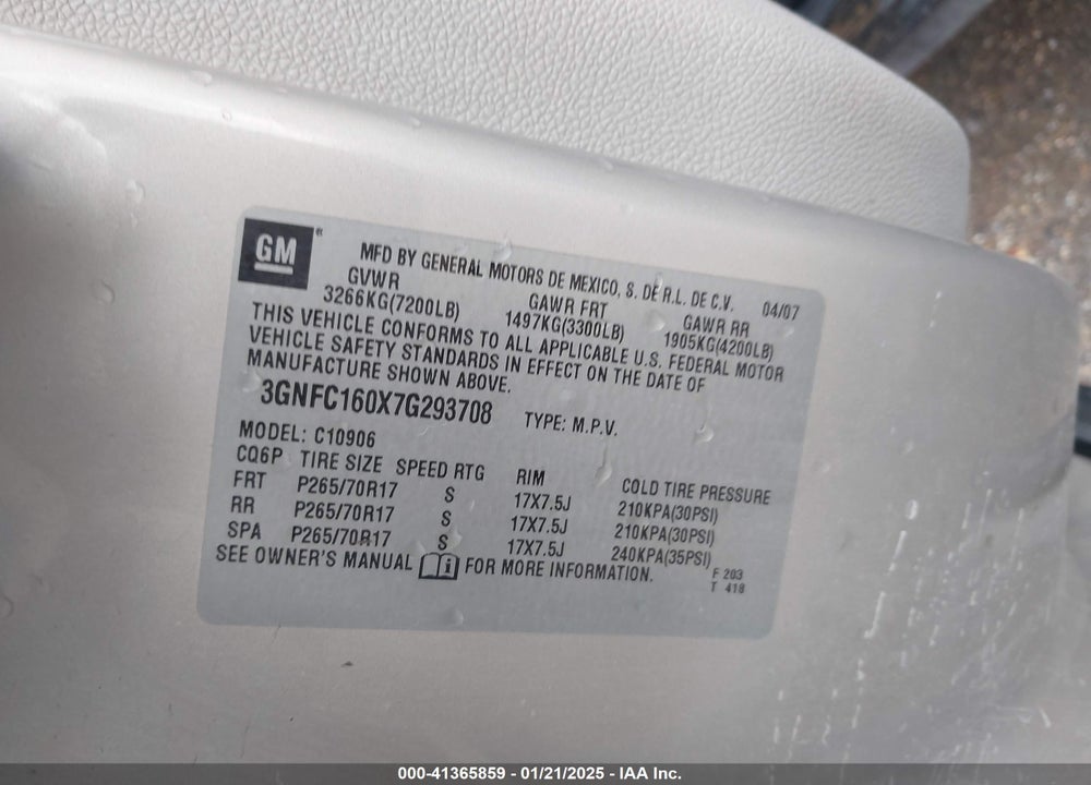 2007 CHEVROLET SUBURBAN 1500 LT VIN: 3GNFC160X7G293708