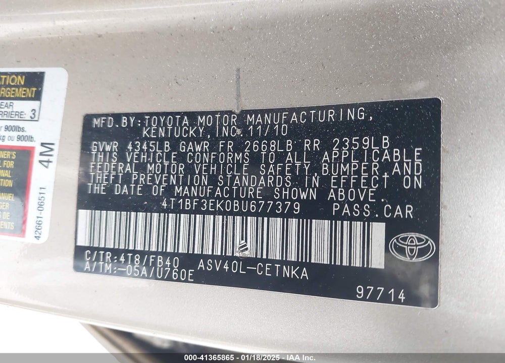 2011 TOYOTA CAMRY LE VIN: 4T1BF3EK0BU677379