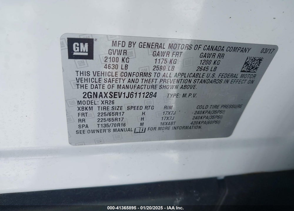 2018 CHEVROLET EQUINOX LT VIN: 2GNAXSEV1J6111284