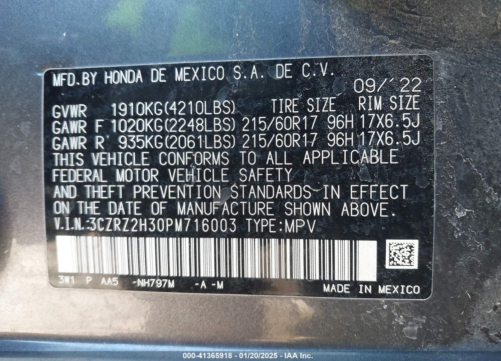 2023 HONDA HR-V AWD LX VIN: 3CZRZ2H30PM716003