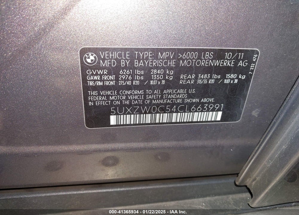 2012 BMW X5 XDRIVE35D VIN: 5UXZW0C54CL663991