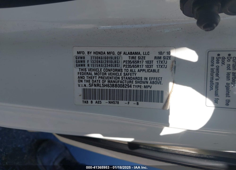 2011 HONDA ODYSSEY EX-L VIN: 5FNRL5H63BB008294