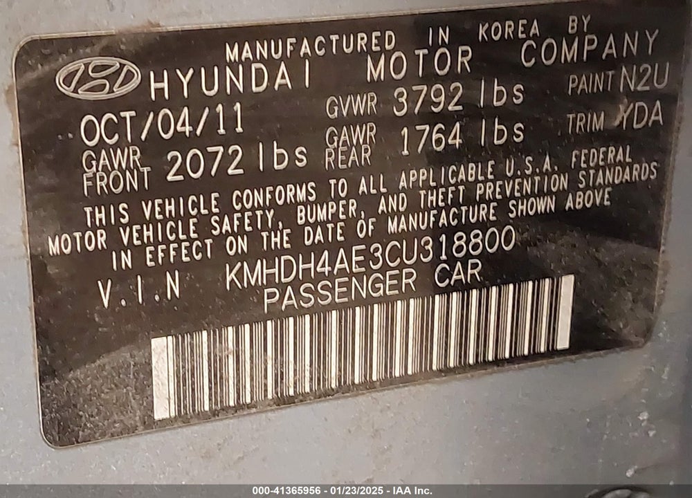 2012 HYUNDAI ELANTRA GLS (ULSAN PLANT) VIN: KMHDH4AE3CU318800