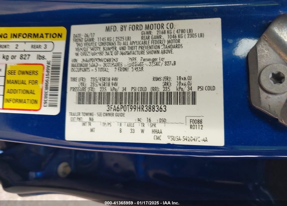 2017 FORD FUSION SE VIN: 3FA6P0T99HR388363
