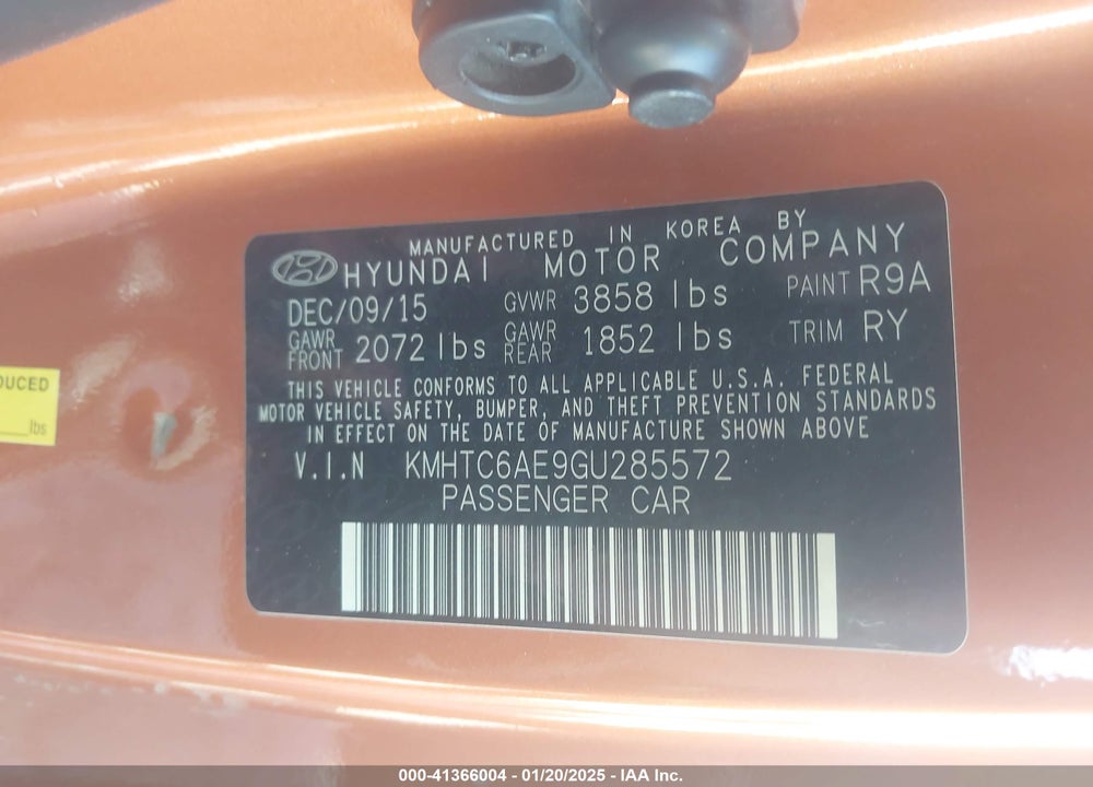2016 HYUNDAI VELOSTER VIN: KMHTC6AE9GU285572