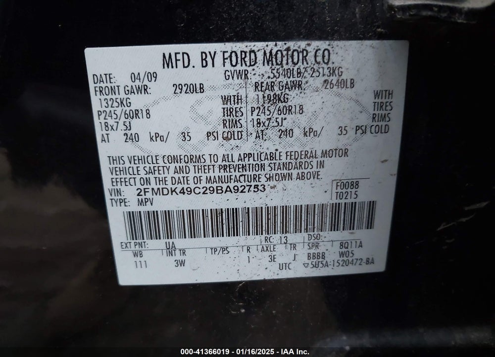 2009 FORD EDGE LIMITED VIN: 2FMDK49C29BA92753