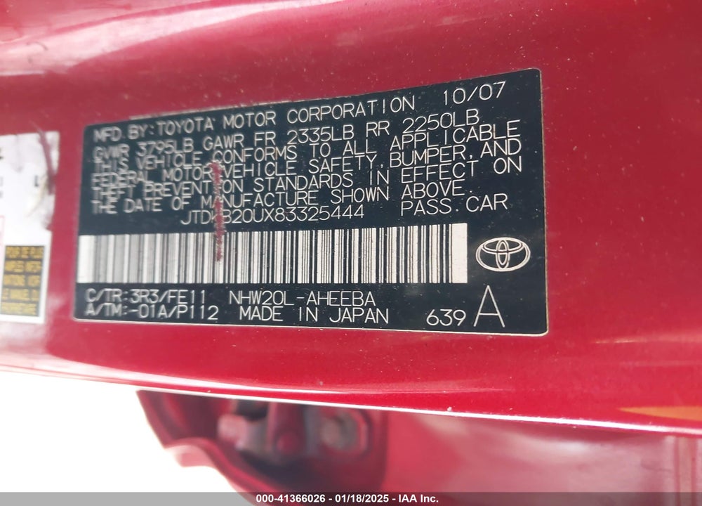 2008 TOYOTA PRIUS VIN: JTDKB20UX83325444