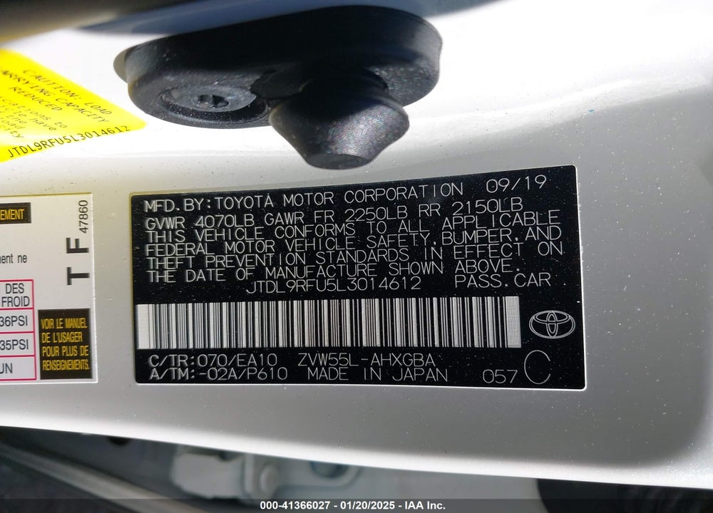 2020 TOYOTA PRIUS XLE AWD-E VIN: JTDL9RFU5L3014612