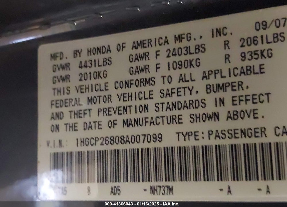 2008 HONDA ACCORD 2.4 EX-L VIN: 1HGCP26808A007099